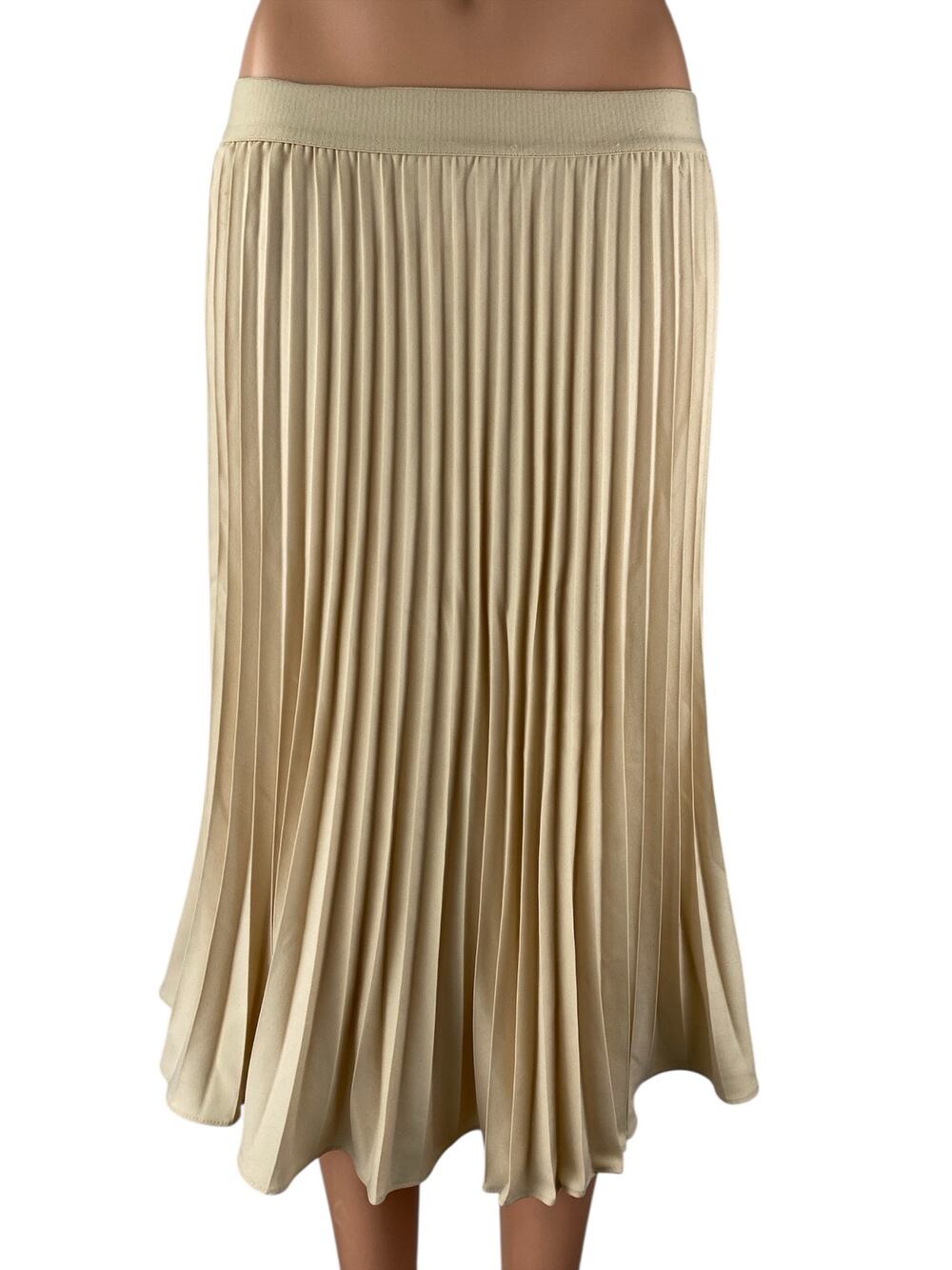Grace Karin Womens Beige Satin Mid Waist Midi Pleated Flared A-Line Skirt Size S